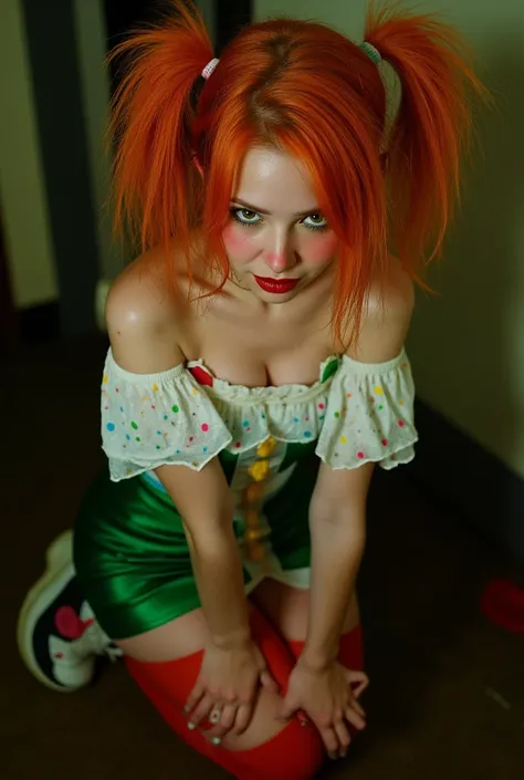 hot clown girl, looking at viewer, on knees, high angle view, closeup, submissive, blushed, pale skin, (green tight short skirt), (white ruffled top with color dots), (red stockings), (skater shoes), orange hair, twintails, messy hair, sexy red lips, goth ...