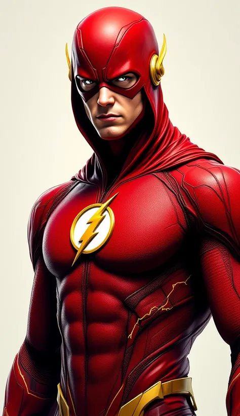 The Flash wearing his iconic costumes, Characteristic features of the character.  She is standing in front of the viewer. 