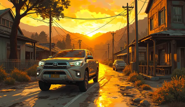 detailed photorealistic toyota hilux pickup truck driving through a rural town at sunset, super detailed 8k, hyperrealistic, highly detailed, wide angle, dynamic composition, glowing warm lighting, golden hour, beautiful countryside landscape, rolling hill...