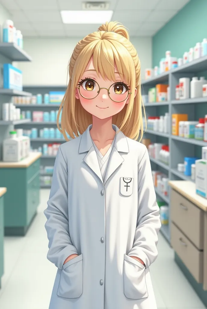 I would like you to create a blonde girl with a ponytail, round golden glasses,big brown-green eyes,flat nose,fleshy mouth,dressed in a white coat against a background of a pharmacy 