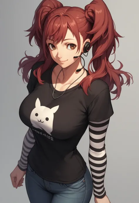 1 girl, solo, black short sleeve t-shirt, layered sleeves, white long sleeves, jeans, black t-shirt over white long sleeves, confident smile, large breasts, striped sleeves, black and white stripes, Rise, brown-red hair, twintails, brown eyes, earpiece