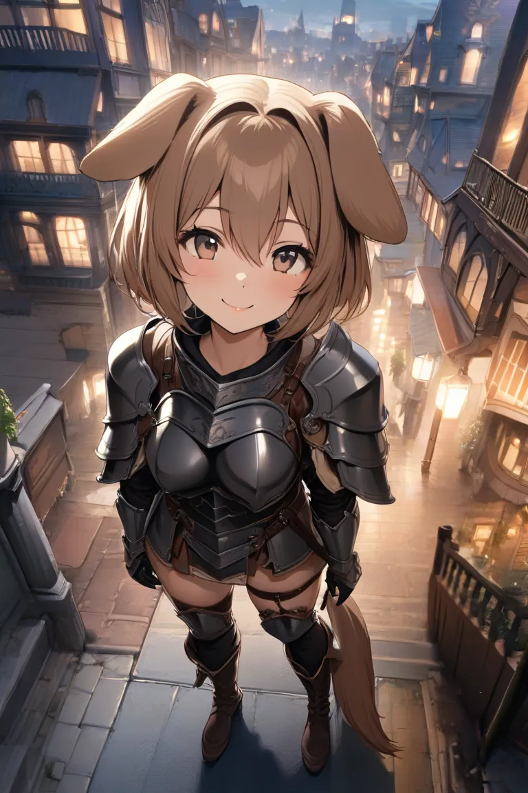  top quality,  masterpiece,   nothing , 8k, ( 1 girl ),  alone, (((fullbody))),   brown shorthair , Beautiful Girl with Dog Ears, old fantasy cityscape,   droopy eyes  , (((smile))),  Plate Armor ,  LEATHER KNEE HIGH BOOTS , miniskirt,   absolute domain,  ...