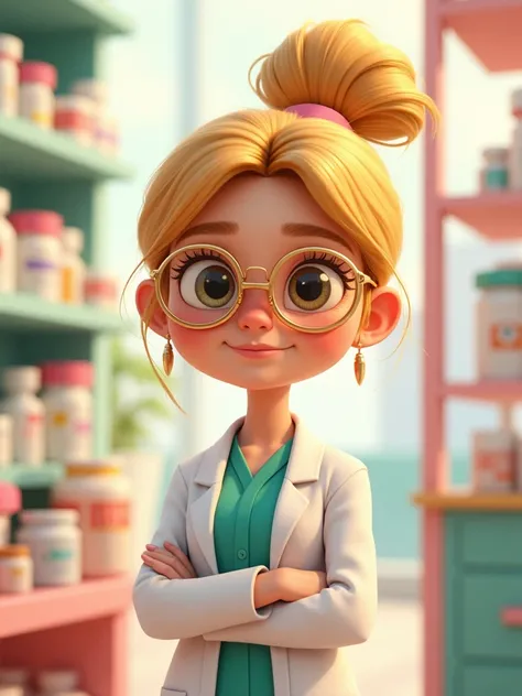 I would like you to create a blonde girl with a ponytail, round golden glasses,big brown-green eyes,flat nose,fleshy mouth,image dressed in a white coat against a background of a pharmacy ,In Pixar