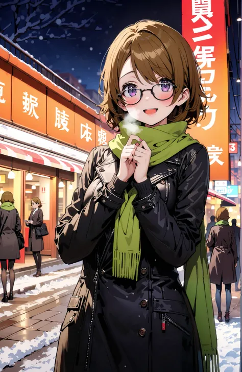  Hanayo Koizumi,  short hair ,  brown hair,  purple eyes,Glasses,smile,blush, open your mouth, White Breath,green scarf, black down coat ,( sweater  :1.2),(  turtleneck:1.2), white long skirt,black pantyhose, Bbo~, standing,snow,night,綺麗なnight景, Beautiful ...