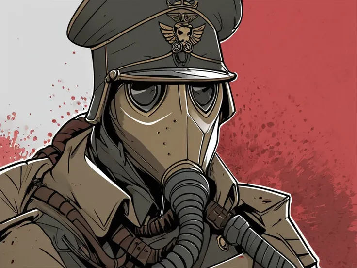 (Digital Illustration), Death Korps of Krieg Soldier, gas mask, bloody, portrait, dynamic composition, comic book \(style\), bold lines, focus on dramatic shading, red splashes, (lineart), linear, limited color palette, extremely detailed, 