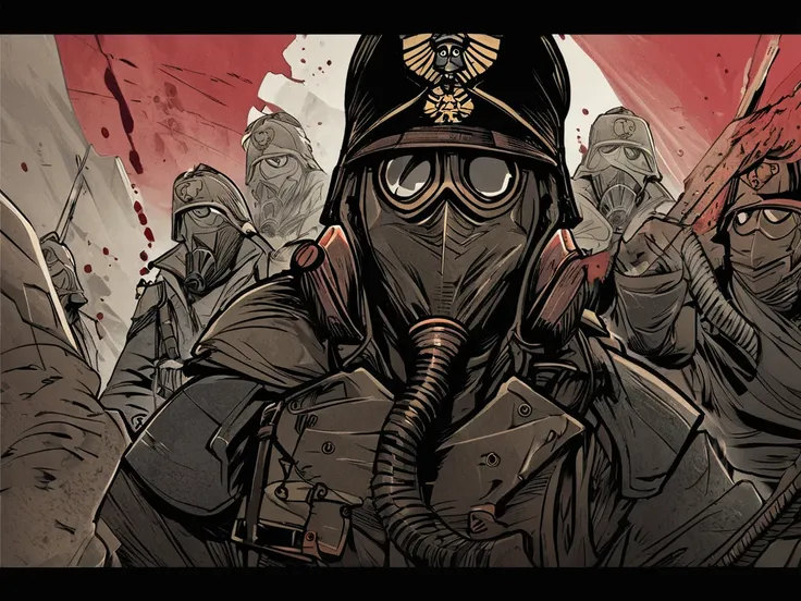 (Digital Illustration), Death Korps of Krieg Soldier, gas mask, bloody, portrait, dynamic composition, comic book \(style\), bold lines, focus on dramatic shading, red splashes, (lineart), linear, limited color palette, extremely detailed, 