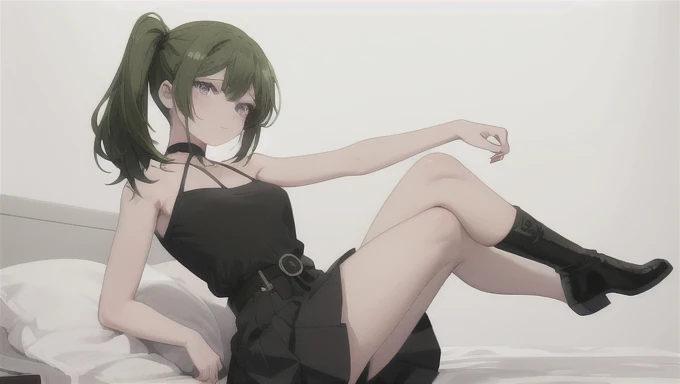 (safe:1.10), best quality, masterpiece, highres, solo, (ubel_sousounofrieren:1.10), full body, anime_style, 11, laying on bed, looking at viewer, 

A tall, striking woman in a tight-fitting black top with four straps attached to a choker ring, a thick belt...