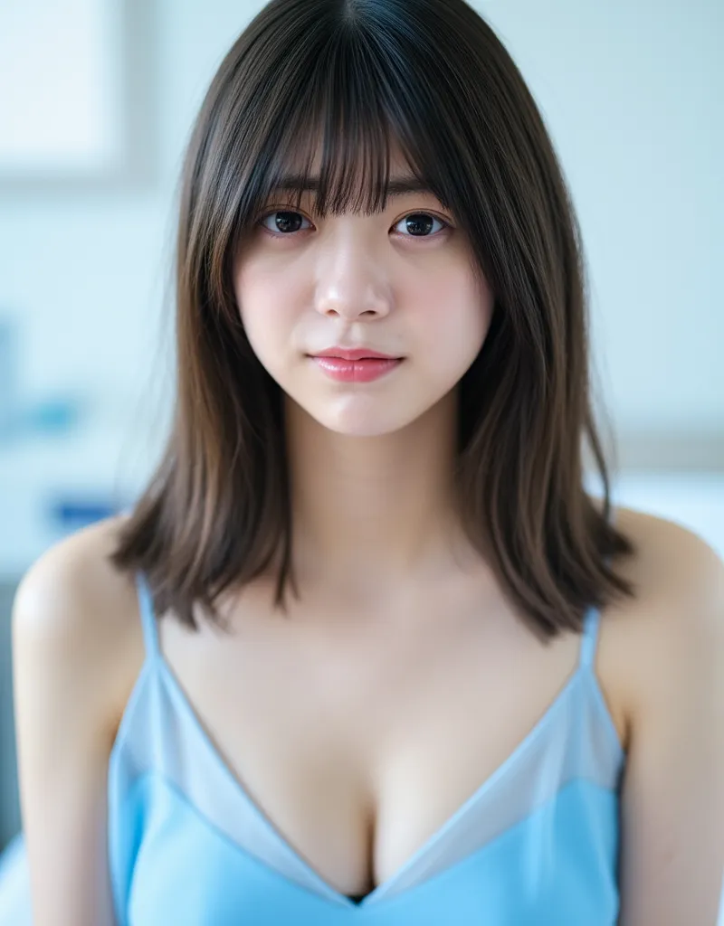 Facial close-up, Nao, A young woamn with semi-long hair and bangs, She was very sexy, Short stature, revealing her cleavage and collarbone. She was wearing a blue Transparent Minidress. She sat on the hospital bed. The background is a hospital ward. The br...