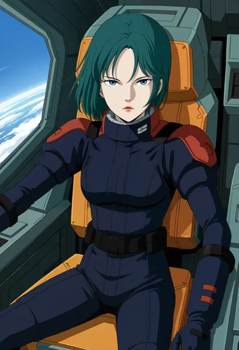 ,Mauar  , green hair,   blue eyes,red lips, 1 girl, pilotsuit 、 is the cockpit in the background、 sits in the cockpit、  expressionless

