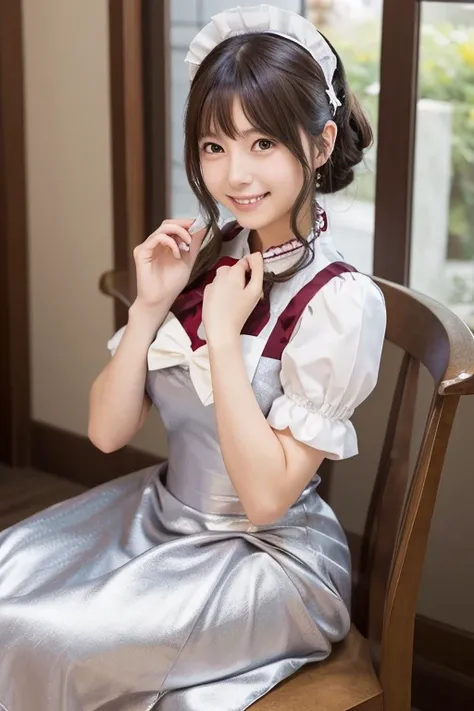  Realistic Photo Quality 、Japanese model in a silver and maroon dress is sitting on a chair、Anime girls cosplay 、Gorgeous maid、Maid Costume、  Maid Dress,  japanese maid cafe, looking at camera、Detailed and beautiful eyes、 cute smiles 、 soft and gentle expr...