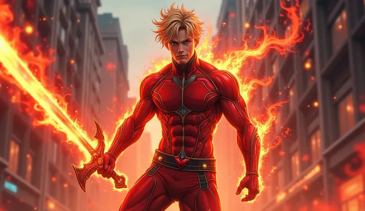 “Full-body. A red flame-powered 25-year-old white male with tanned skin, Hero in a red and black skin-tight, fire outfit with dark gold metal details. Flowing streams of red holographic energy surround him. Short, curly, messy, blonde hair. Beautiful Blue ...