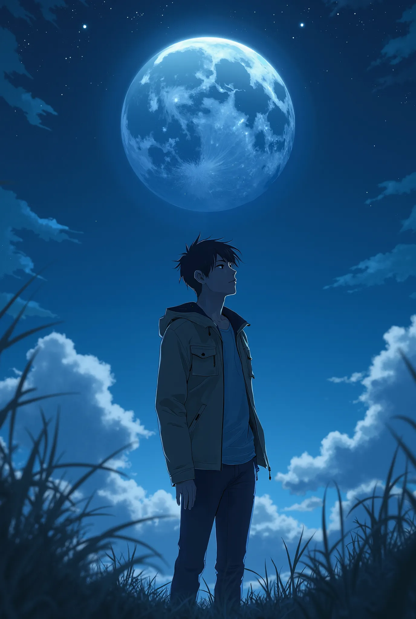 Anime man looking the sky at night with a cool jacket