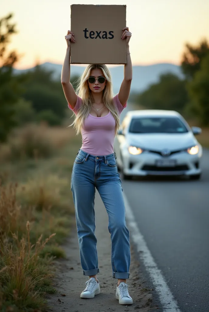 "RAW photo, best, masterpiece, best quality, high quality, extremely detailed"A young woman, with long blonde hair and sunglasses, of Caucasian ethnicity, stands on the edge of a road with a median at sunset. She is located on the left side of the image, f...