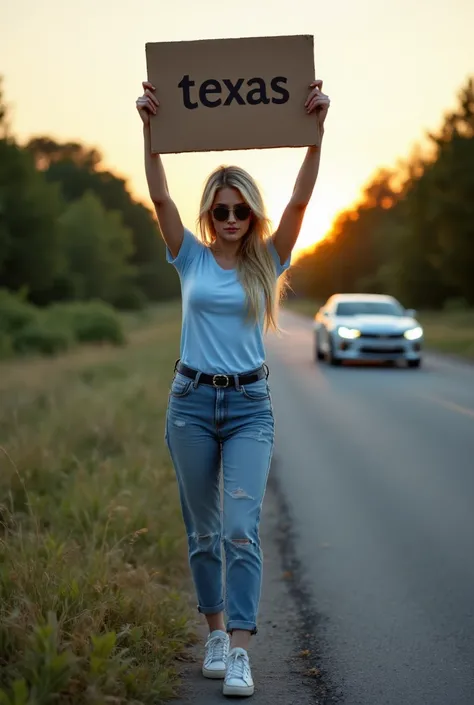 "RAW photo, best, masterpiece, best quality, high quality, extremely detailed"A young woman, with long blonde hair and sunglasses, of Caucasian ethnicity, stands on the edge of a road with a median at sunset. She is located on the left side of the image, f...