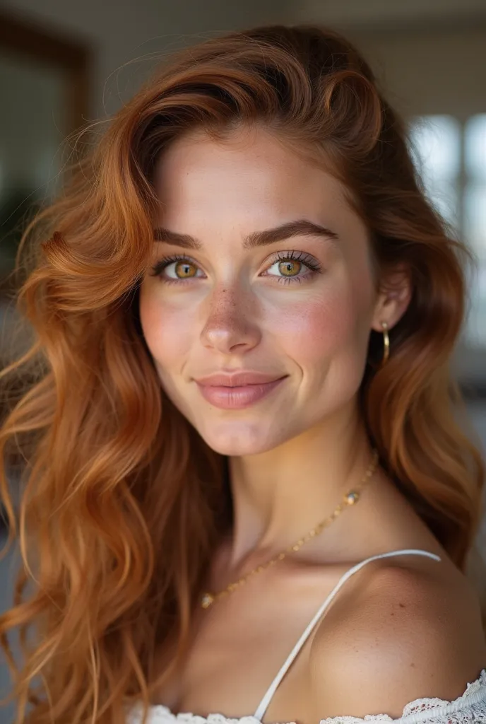  a young woman, of 1,67, with wavy cinnamon-colored hair on the shoulder, large, curly hazel eyes, with large, defined lashes, six faces with delicate features, full lips and Cupid's bow, with a charming smile 