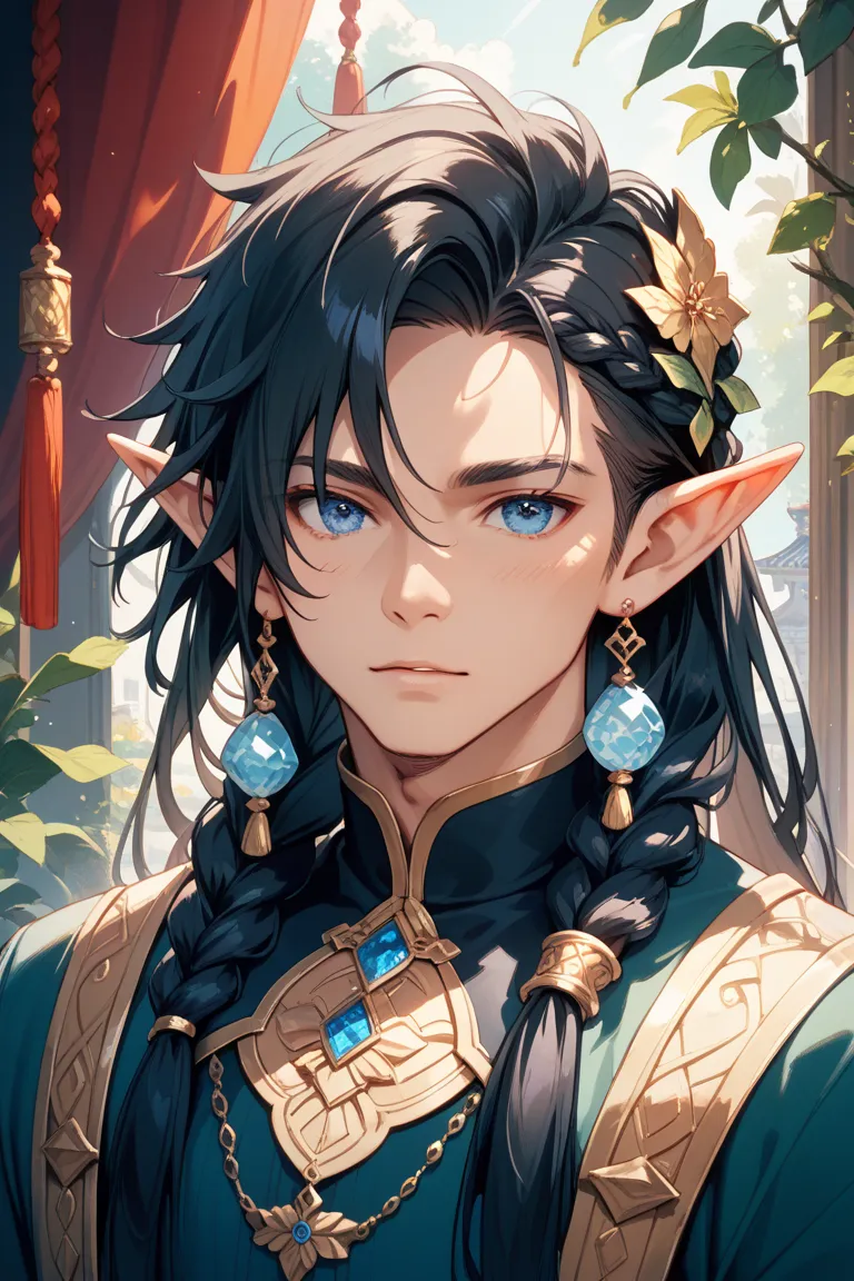 Elf　 black hair　 long hair　beaded hair ornament　 handsome　Male in his early 30s　 blue eyes　 braid braid braids 