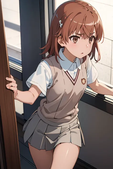 Mikoto misaka.、A Certain Scientific Railgun、girl、Small breasts、whole body,blush,Short sleeve blouse、Beige knit vest、Darkgrey plain pleated skirt、best quality,shorts,skirt lift,panty shot