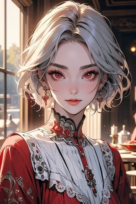 (       top quality   ,   masterpiece:1.2),        nothing , 最高  masterpiece、       very detailed,     ((  short hair )).  exists:1.37,   fantasy     ,   Illustration ,     Silver Hair、   ((  red eyes :1.4)). 、       queen,    beautiful、 Eye Shadow Red    ...