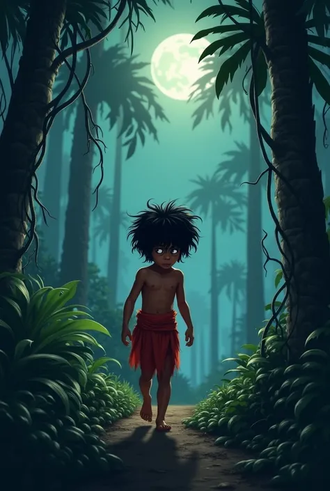 The Mysterious Night in the Jungle

Prompt:
A young boy, Moogli, with messy black hair, brown skin, and wearing a simple red loincloth, walks cautiously through a dense jungle under the soft glow of the full moon. The jungle is alive with the sounds of cri...