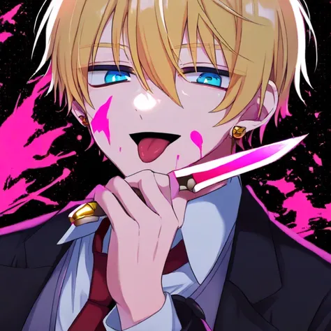 1boy, holding knife, blue eyes, jewelry, jacket, shirt, open mouth, hand up, simple background, hair between eyes, vest, knife, tongue, holding weapon, grey vest, upper body, necktie, solo, looking at viewer, smile, pink blood, weapon, dagger, open clothes...