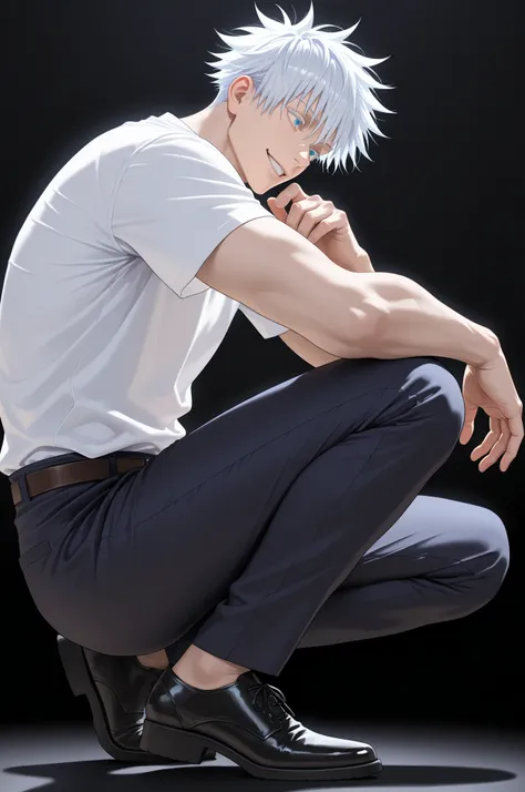 masterpiece, best quality, amazing quality, very aesthetic, vibrant colors, BREAK 1boy, male focus, gojou satoru, jujutsu kaisen, white eyelashes, blue eyes, white hair, short hair, sexy man, handsome, mature male, white shirt, pants, black footwear, solo,...