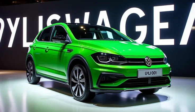 Volkswagen Polo 2025 standing in the luxury showroom and full green 💚 color look and showroom background write a bold letters Volkswagen Polo 2025 and white color write  and full back side backlights grill look show and number plate write a Polo