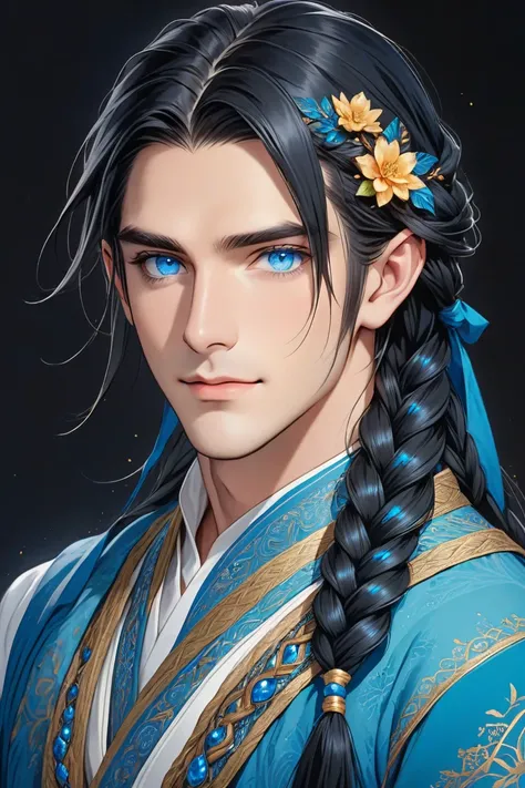 Elf　 black hair　 long hair　beaded hair ornament　 handsome　Male in his early 30s　 blue eyes　 braid braid braids 