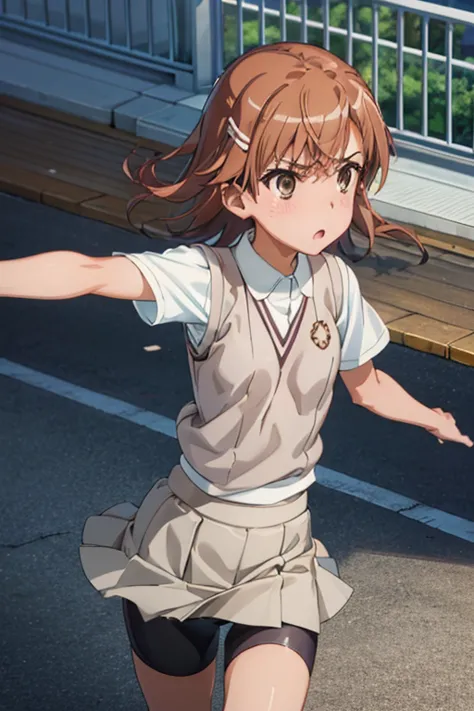 Mikoto misaka.、A Certain Scientific Railgun、girl、Small breasts、whole body,blush,Short sleeve blouse、Beige knit vest、Darkgrey plain pleated skirt、best quality,(white bike shorts:1.4),(skirt lift:1.3),panty shot