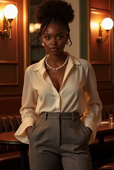 A curvaceous Black woman in a cream chiffon blouse with dramatic bell sleeves and tailored tweed trousers at a sophisticated jazz club, featuring a delicate pearl choker and pointed-toe heeled loafers, her locs styled into an intricate braided updo.

