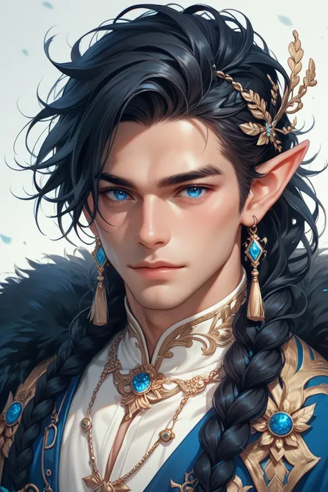 Elf　 black hair　 long hair　beaded hair ornament　 handsome　Male in his early 30s　 blue eyes　 braid braid braids 