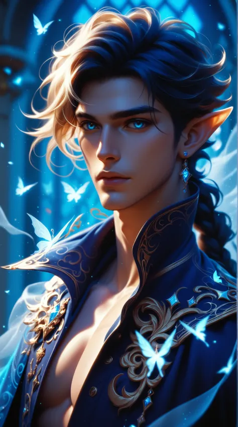 (score_9,score_8_up,score_7_up,score_6_up,score_5_up,score_4_up) male elf with graceful elegance, glowing, whimsical, enchanted, magical, fantasy art concept, intricate details,
