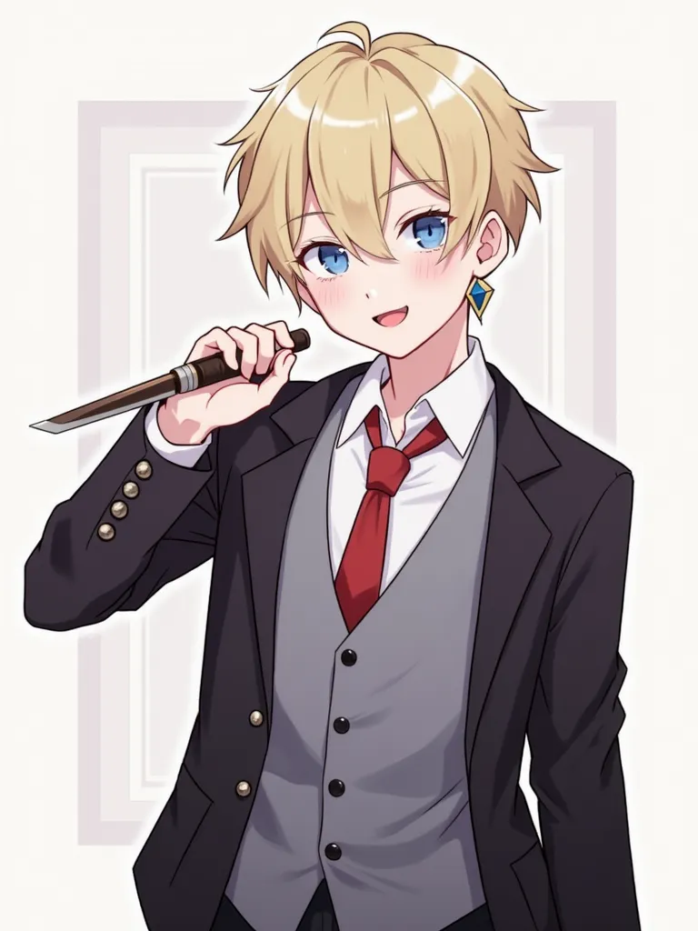 1boy, holding knife, blue eyes, jewelry, jacket, shirt, open mouth, hand up, simple background, hair between eyes, vest, knife, tongue, holding weapon, grey vest, upper body, necktie, solo, looking at viewer, smile, pink blood, weapon, dagger, open clothes...