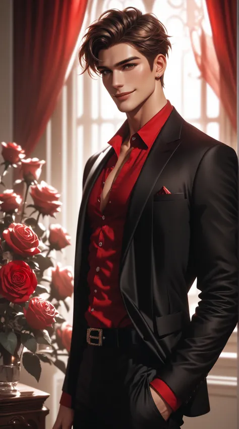 (absurdres, highres, ultra detailed), 1 male, adult, handsome, tall, brown hair, finely detailed brown eyes and detailed face, red silk shirt, black suit pants, smile, classy livingroom, roses, soft lighting, 8k resolution
