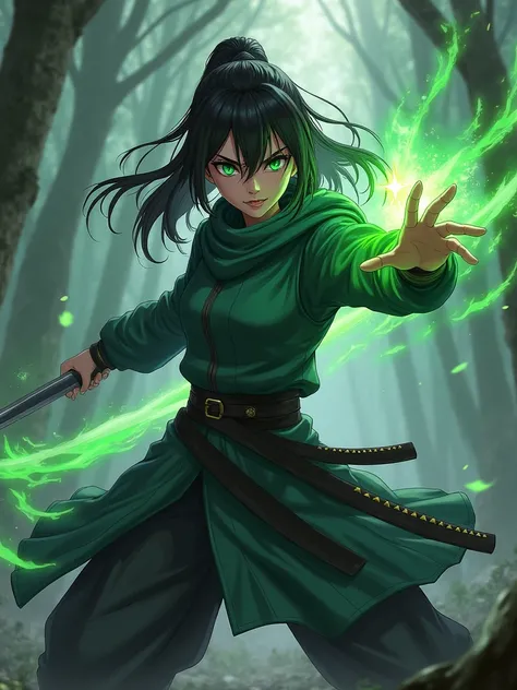 score_9, score_8_up, score_7_up, 1girl, ninja, black hair, green eyes, (wearing ninja armor), holding katana, (casting a powerful spell), intense action pose, glowing magical aura, dynamic lighting, shadows, forest background, detailed textures, high resol...