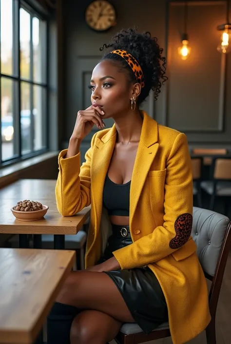 A curvaceous Black woman wearing a mustard tweed blazer with elbow patches and a leather-look midi skirt, seated at a minimalist teahouse. She’s accessorized with a tortoiseshell headband and knee-high socks. Her hair is styled in a low bun with spiral cur...