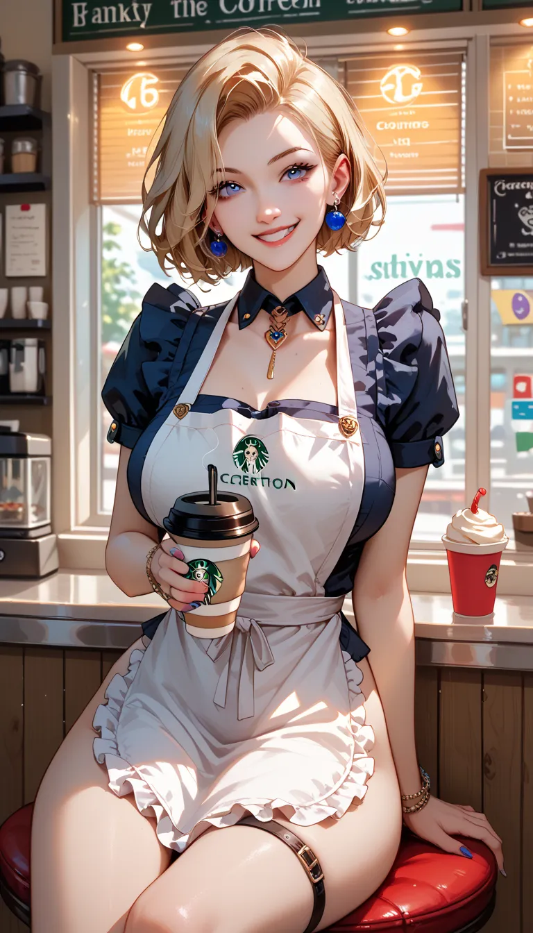  Perfect Face, perfection anatomy,  best quality,  young woman、26 years old, Comfortable and friendly ,  sitting in a coffee shop booth,  the inside of your apron is unfathomable ,  Naughty mischievous smile , perfection!  thank you! * smiling lovingly at ...