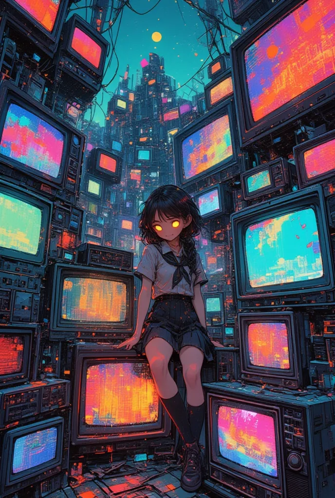 (masterpiece, best quality),(multiple exposure screen),vibrant colors, post-grunge, intricate details, detailed depiction, collage depicting,(a tween girl sitting on retro  tv),glasses,eyes shine mysteriously yellow,grin,she is surrounded by retro monitors...