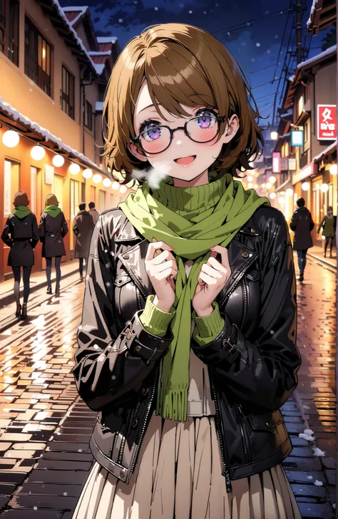 Hanayo Koizumi,  short hair ,  brown hair,  purple eyes,Glasses,smile,blush, open your mouth, White Breath,green scarf, black down coat ,( sweater  :1.2),(  turtleneck:1.2), white long skirt,black pantyhose, Bbo~, standing,snow,night,綺麗なnight景, Beautiful ...