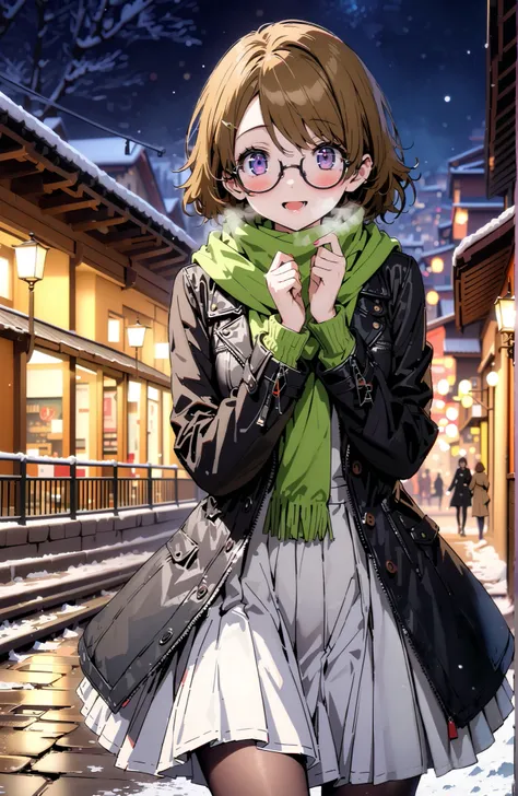 Hanayo Koizumi,  short hair ,  brown hair,  purple eyes,Glasses,smile,blush, open your mouth, White Breath,green scarf, black down coat ,( sweater  :1.2),(  turtleneck:1.2), white long skirt,black pantyhose, Bbo~, standing,snow,night,綺麗なnight景, Beautiful ...