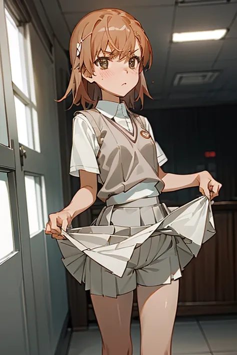 Mikoto misaka.、A Certain Scientific Railgun、girl、Small breasts、whole body,blush,Short sleeve blouse、Beige knit vest、(Darkgrey plain pleated skirt:1.4)、best quality,(white  shorts:1.3),(skirt lift:1.4),panty shot