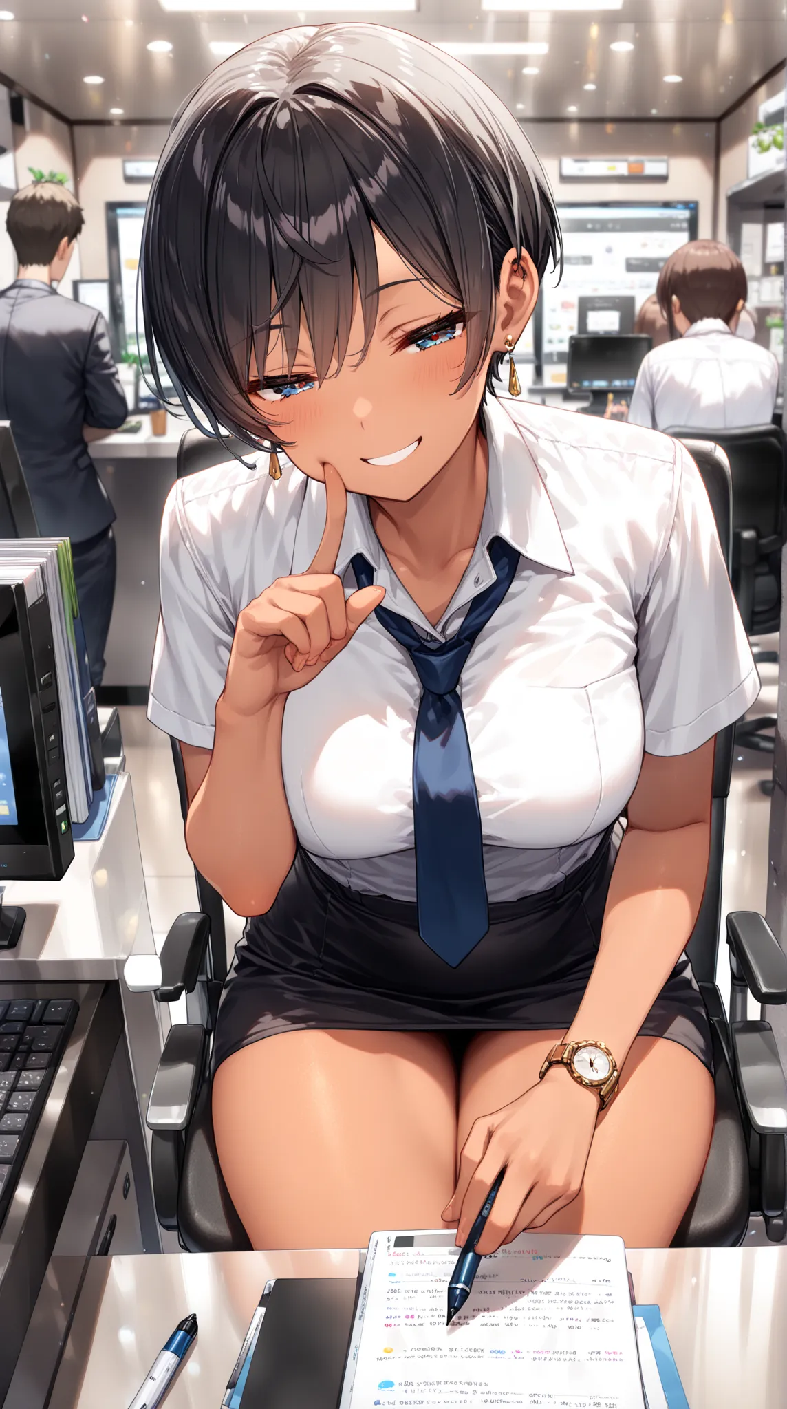  (8k,wallpaper of extremely detailed CG unit  ,(masterpiece, highest quality), very detailed, highest quality, official art, beautiful and aesthetic: 1.2), 1 woman, curvy, medium breasts, pixie cut ,tan ,white short sleeve dress shirt, Black short skirt ,n...