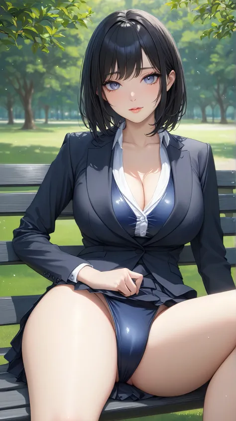 (masterpiece,best quality,ultra detailed,high resolution),(realistic:0.5),solo,lady,beautiful eyes,black hair,medium hair,Wearing a competition swimsuit under a business suit,navy-swimsuit,(pensil skirt),show crotch,sitting on the park,large breast,