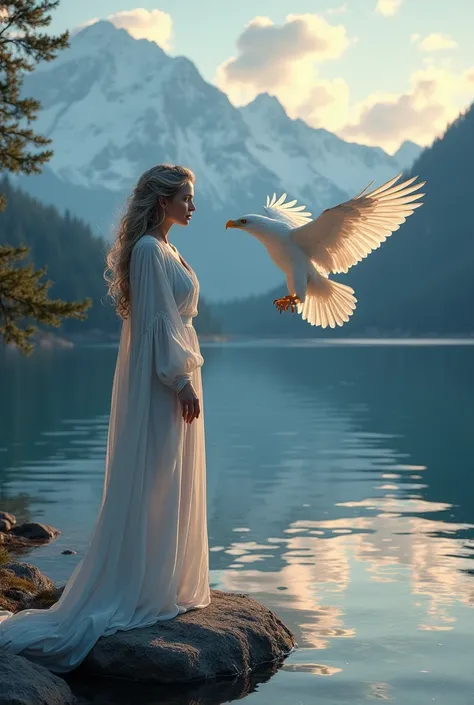 A woman in a flowing white robe stands gracefully beside a tranquil, reflective lake, interacting with a majestic white eagle amidst a dynamic aura The scene is set against a breathtaking backdrop of snow-capped mountains under a twilight sky. The photorea...