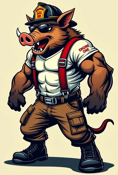 Vector Style, ((comic art)), (cartoon style) a 5, lowbrow art, Create logo graphic with Huge, angry, muscular wild boar with big teeth, wearing a black fireman's helmet, in sun glasses and brown cargo pants with red suspenders, white short sleeve t-shirt, ...