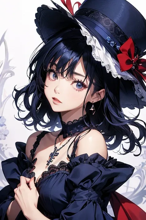 Akina Nakamori、  navy blue and red lace dress  、、    beauty 、((    super detailed eyes  ))    sexy、   white cross necklace on chest 、gothic、    miniature little hat    、Sharp and cute、    beauty 、Strong Details  、