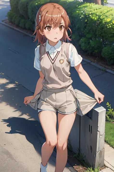 Mikoto misaka.、A Certain Scientific Railgun、girl、Small breasts、whole body,blush,Short sleeve blouse、Beige knit vest、Darkgrey plain pleated skirt、best quality,(white  shorts:1.4),(skirt lift:1.3),panty shot