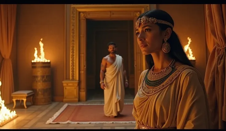 An epic scene that portrays the first meeting between Cleopatra and Julius Caesar. La Regina, wrapped in a light robe embellished with jewels, emerges dramatically from a rolled carpet, revealing itself before a surprised but fascinated Caesar. The room is...