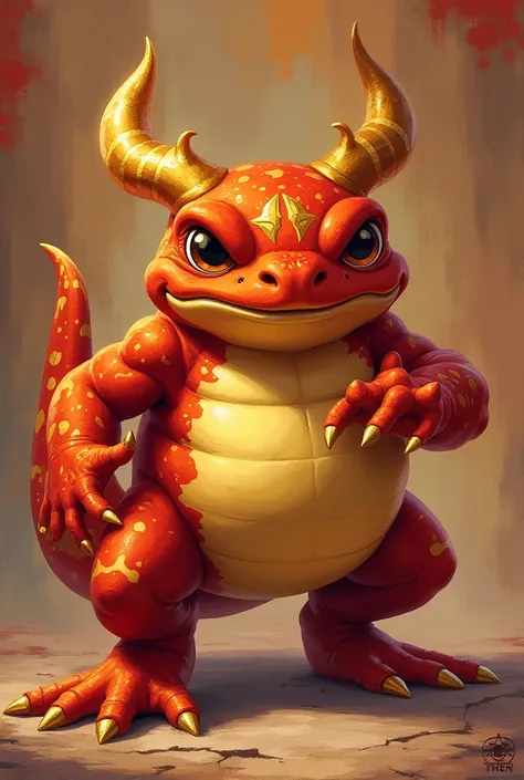 I want to make an illustration for League of Legends champion “Tam Kenchi”. actively reflect the illustration of Tom Kenchi's skin “The Golden Toad Tom Kench”. Actively reflect the illustration of, The color is red and golden base.