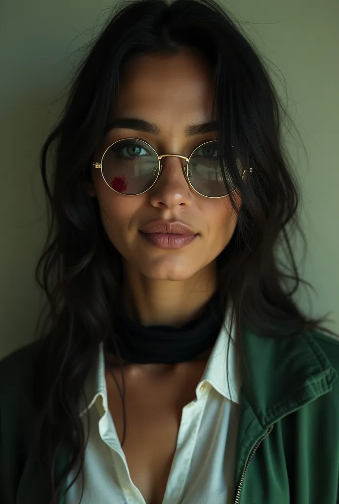 A Puerto Rican woman with long hair, Tied,  in her 20s. Who wears round black lenses and has a blood stain on his cheek. She is wearing a white shirt and a green jacket, with a black cloth around her neck.