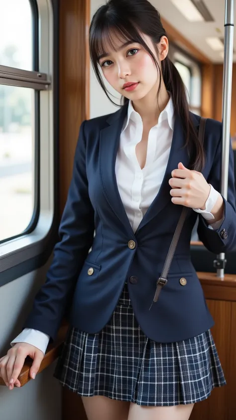 ( best quality, Masterpiece:1.3, super high resolution),(Very detailed, caustics,8k),( realistic:1.4,RAW shooting,Detailed face),(Girl holding on to leather strap),18 years old, cute,black hair ponytail,A big smile,( on the train),( standing), staring at t...